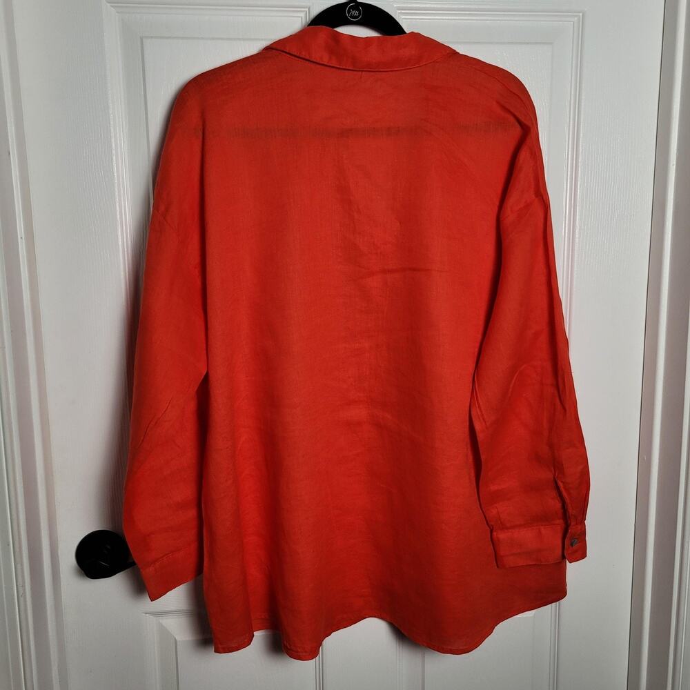 Magaschoni Shirt Top Womens Large Orange Linen Button Up Roll Tab Oversized - Picture 5 of 10